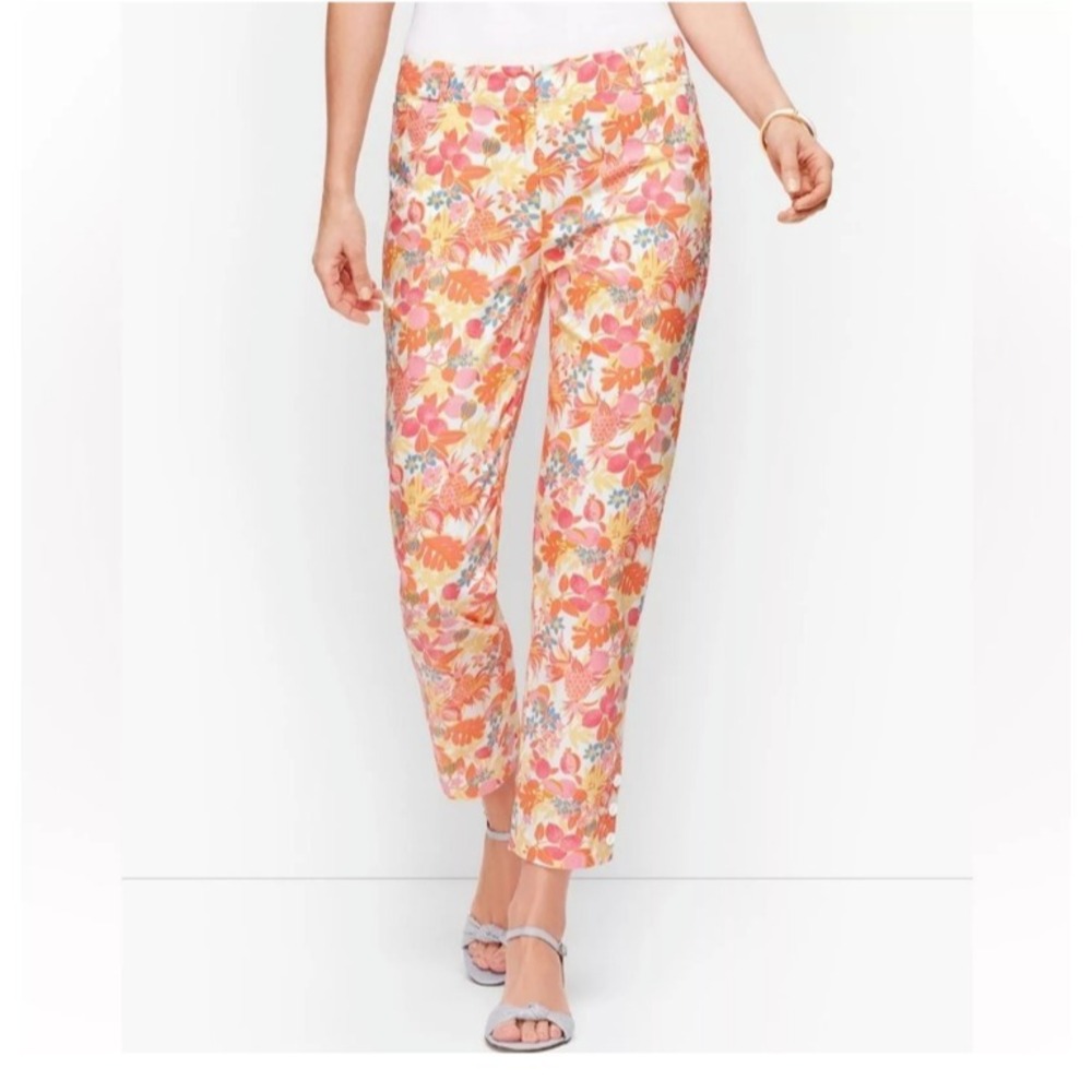 Talbots Perfect Crop Pant Pink Orange Tropical Fruit Print Ankle Buttons SZ 12